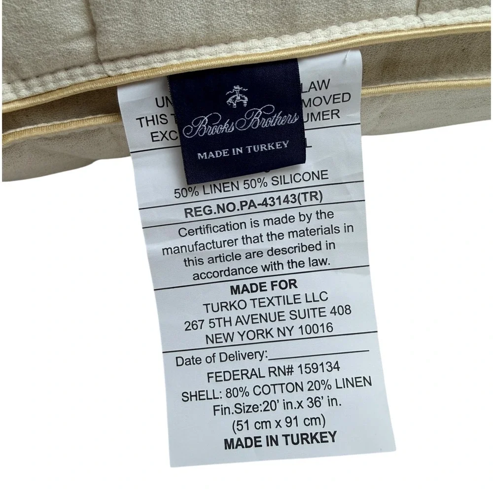 Brooks Brothers King Bed Pillow Linen Blend Cotton Shell‎ Cream NWT Made Turkey